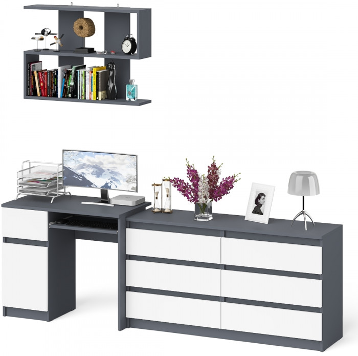 Мори Стол компьютерный МС-1 левый + Комод МК1380.6 + Полка 900, цвет графит/белый, ШхГхВ 228х50х209,6 см., НЕ универсальная сборка