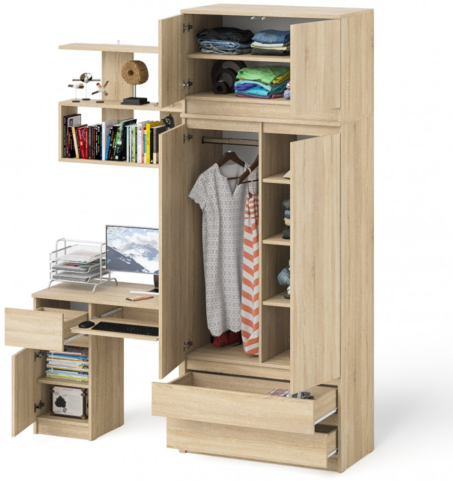 Мори Стол компьютерный МС-1 левый + Шкаф МШ900.1 + Антресоль МА900.1 + Полка 900, цвет дуб сонома, ШхГхВ 180,4х50,4х234,2 см., НЕ универс. сб.