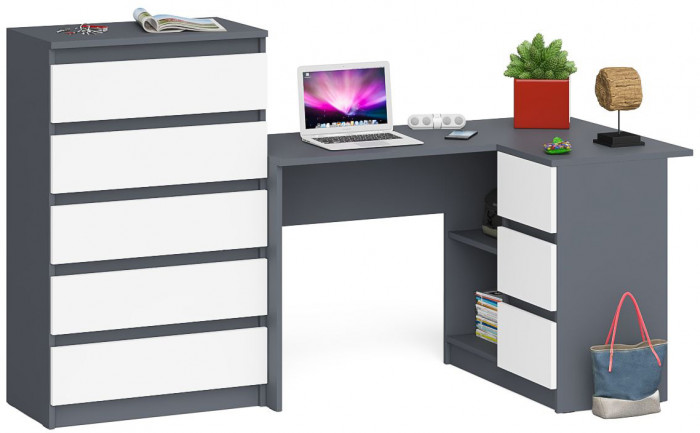 Мори Стол компьютерный МС-16 правый + Комод МК700.5, цвет графит/белый, ШхГхВ 194,8х84,9х114 см., выдвижные ящики справа, НЕ универсальная сборка