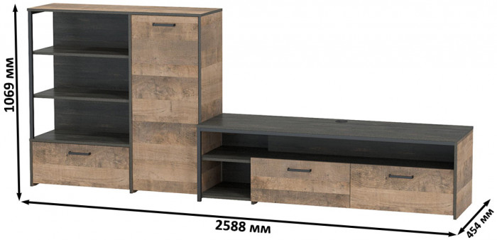Трувор 13.70 Тумба под ТВ + 13.307.01 Комод, цвет дуб гранж песочный/интра, ШхГхВ 258,8х45,4х106,9 см., универсальная сборка