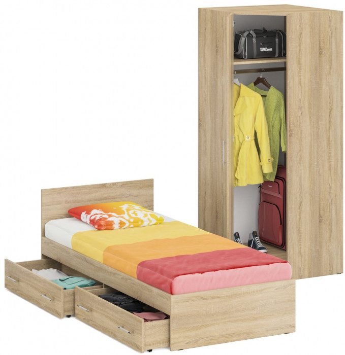 Кровать с ящиками 0900 + угловой шкаф Стандарт, дуб сонома
