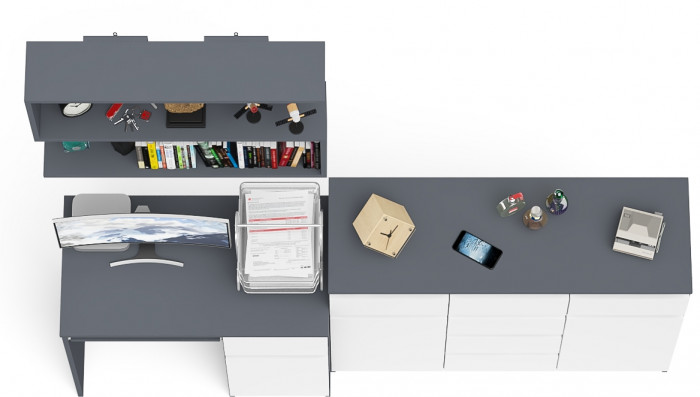 Мори компьютерный стол МС-1 правый + Комод МК1200.4 + Полка 900, графит/белый