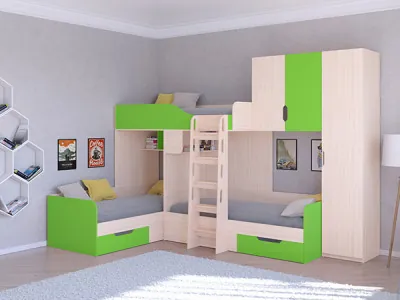 Трехместная кровать ТРИО/2 Дуб молочный/Салатовый