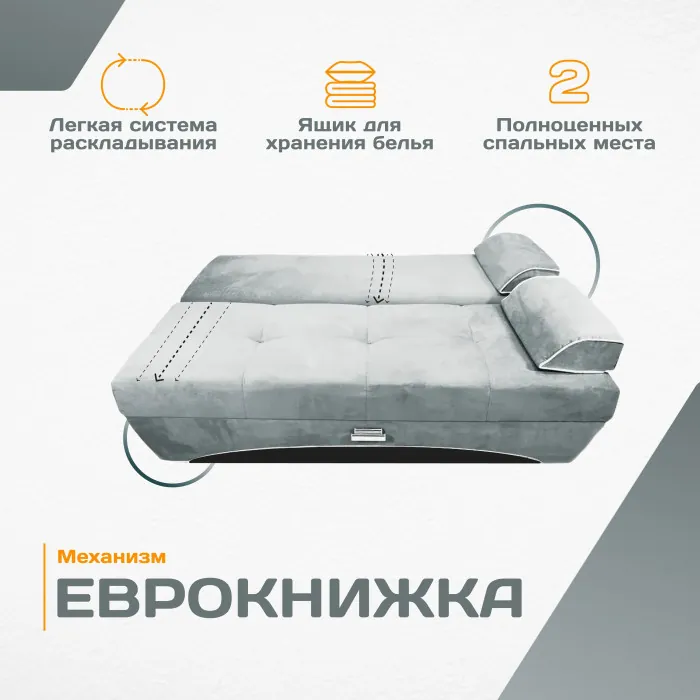 Диван-кровать раскладной еврокнижка прямой Валенсия велюр, цвет серый