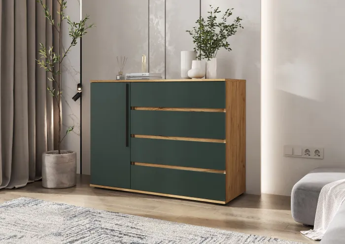 Норд Комод 1 дверь 4 ящика (1200), Дуб крафт/Изумрудный