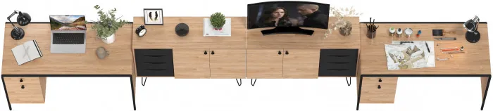 Брюс два Стола 12.157 + два Комода 16.233, цвет чёрный/дуб Сантьяго/столешница МДФ ель карпатская, 486,8х62,6(38,3)х75(85,6) см., ун. сб.