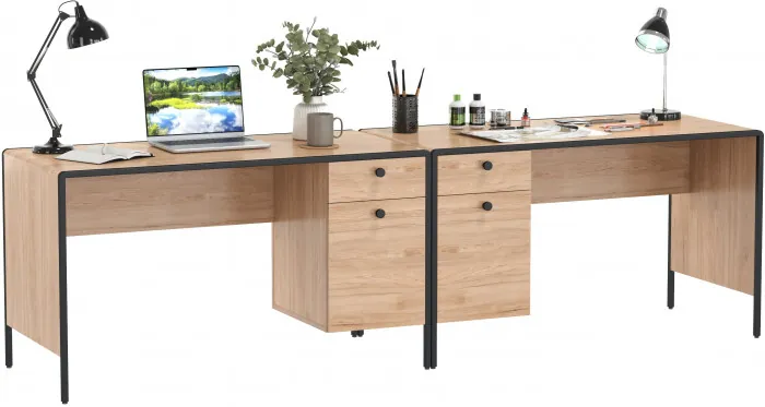 Брюс Стол письменный 12.157 + Стол письменный 12.157, цвет чёрный/дуб Сантьяго/столешница МДФ ель карпатская, ШхГхВ 260х62,6х75 см., ун. сб.