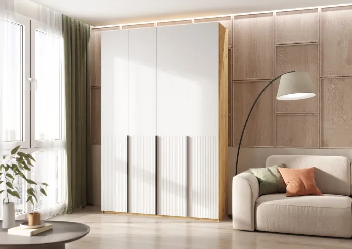 Марвэл Шкаф 4-х створчатый 1600, с доп.ящиками Браш Вайт, Дуб Крафт