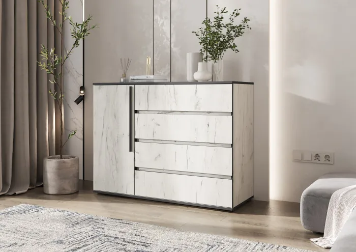 Норд Комод 1 дверь 4 ящика (1200), Дуб Крафт Белый