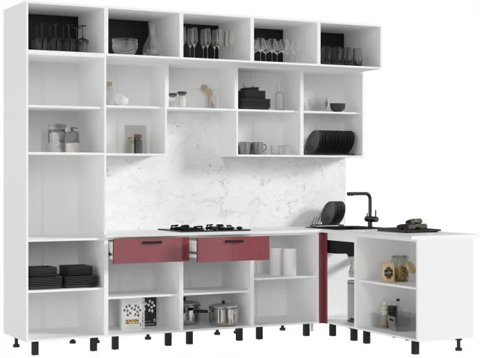 Кухня Техно 3,0х1,8/1080м Компоновка №8, Белый/Марсала глянец