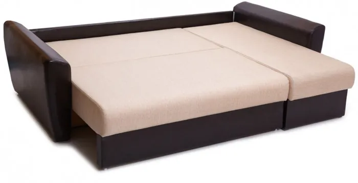 Диван-кровать угловой Амстердам, 160х200, еврокнижка, рогожка/экокожа, бежево-коричневый