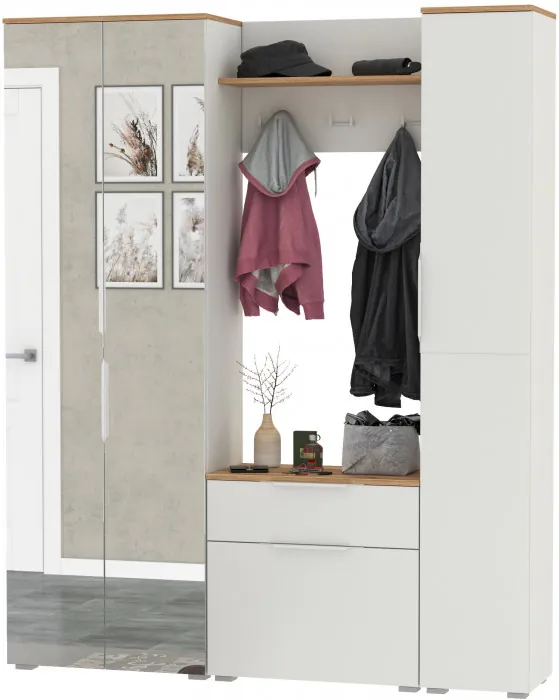 Октава Прихожая 22, цвет белый шагрень/дуб крафт золотой/фасады МДФ белый шагрень, ШхГхВ 161,5х35,4х197,6 см., универсальная сборка