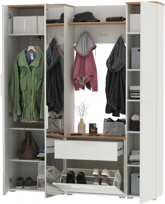 Октава Прихожая 22, цвет белый шагрень/дуб крафт золотой/фасады МДФ белый шагрень, ШхГхВ 161,5х35,4х197,6 см., универсальная сборка