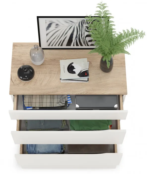 Муссон 13.97 Комод, цвет белый/дуб эндгрейн элегантный, ШхГхВ 77х39,4х92,6 см., четыре выдвижных ящика, ручки-вырезы, НЕ универсальная сборка