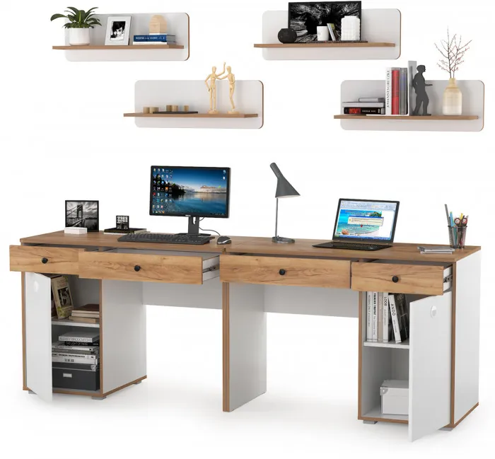 Вуди Компоновка № 02, цвет белый премиум/дуб крафт золотой, ШхГхВ 220х52,7х180 см., универсальная сборка