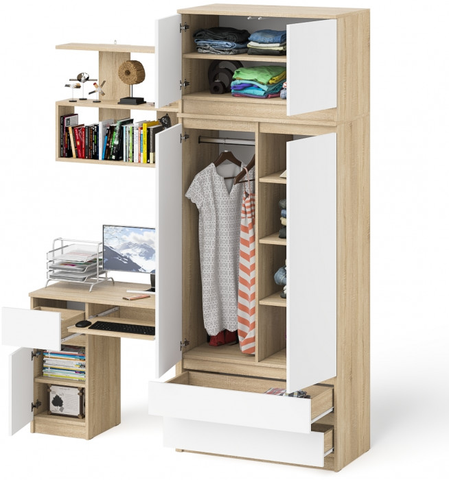 Мори Стол компьютерный МС-1 левый + Шкаф МШ900.1 + Антресоль МА900.1 + Полка 900, цвет дуб сонома/белый, ШхГхВ 180,4х50,4х234,2 см., НЕ ун. сб.