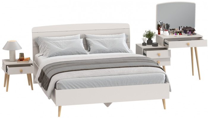 Афина Спальня Кровать 1600 + Трюмо + Тумба, цвет кашемир серый, ШхГхВ 164,6х210,2х95,6 + 105х38,6х129 + 45х37х45 см., 1600х2000 мм., б/м, осн. есть