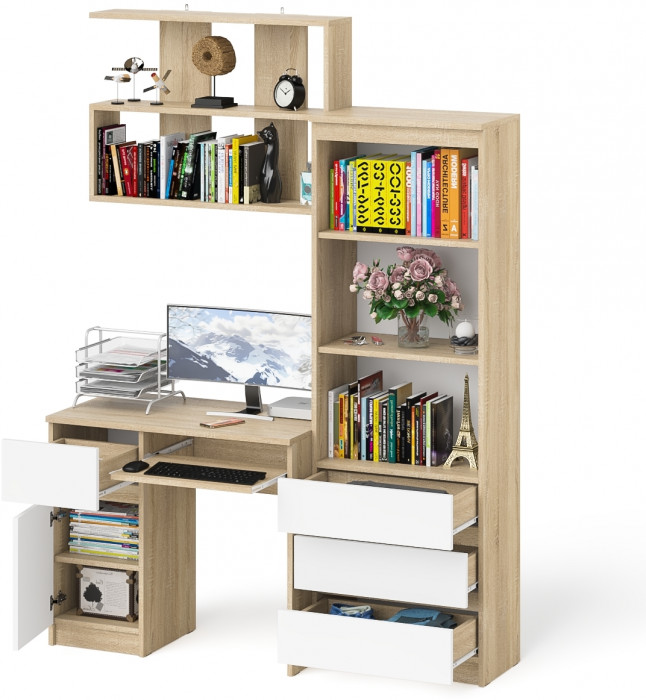 Мори компьютерный стол МС-1 левый + Стеллаж МСТ600.3 + Полка 900, дуб сонома/белый