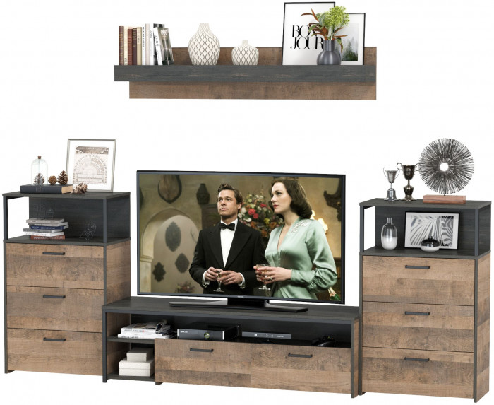 Трувор 13.70 Тумба под ТВ + 13.307.02 Комод + 13.307.02 Комод + 15.60 Полка, цвет дуб гранж песочный/интра, ШхГхВ 281,8х45,4х195 см., универс. сборка