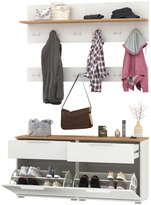 Октава Прихожая 07, цвет белый шагрень/дуб крафт золотой/фасады МДФ белый шагрень, ШхГхВ 129,8х35,4х197 см.