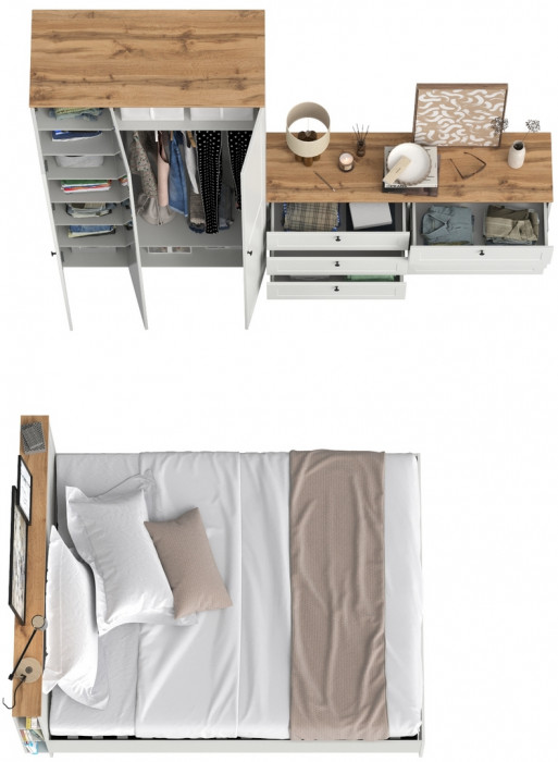 Остин 11.53 Кровать + ортопед + 13.336.03 Шкаф для одежды + 16.240 Комод, белый шагрень/дуб крафт золотой