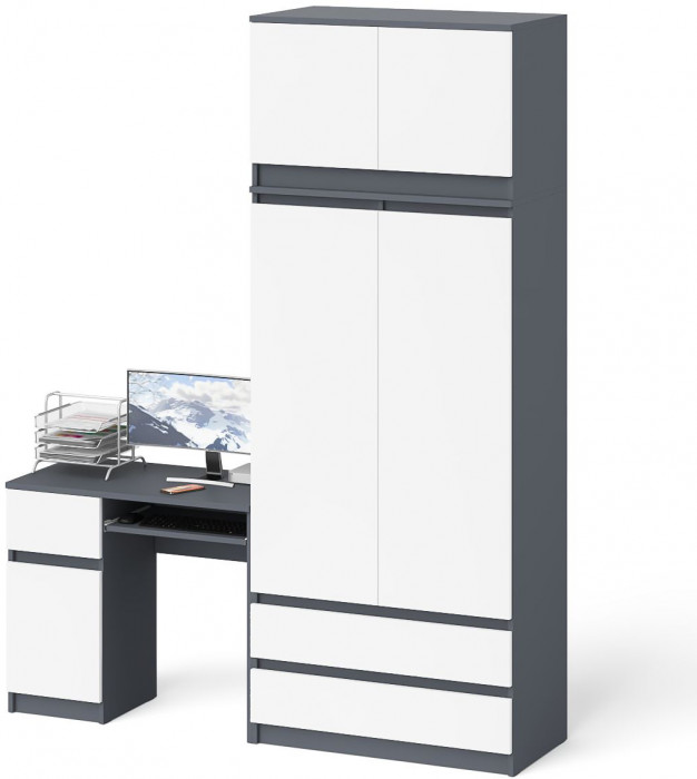 Мори Стол компьютерный МС-1 левый + Шкаф МШ900.1 + Антресоль МА900.1, цвет графит/белый, ШхГхВ 180,4х50,4х234,2 см., выдвижной ящик слева, НЕ ун. сб.