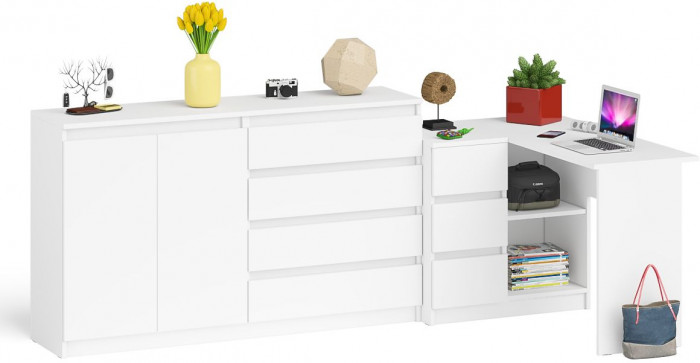 Мори Стол компьютерный МС-16 левый + Комод МК1600.1, цвет белый, ШхГхВ 284,8х84,9х94 см., выдвижные ящики слева, НЕ универсальная сборка