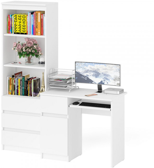 Мори компьютерный стол МС-1 левый + Стеллаж МСТ600.3, белый