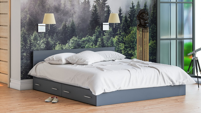Мори Кровать с ящиками 1800, цвет графит, ШхГхВ 183,5х203,5х70 см., сп.м. 1800х2000 мм., без матраса, основание есть