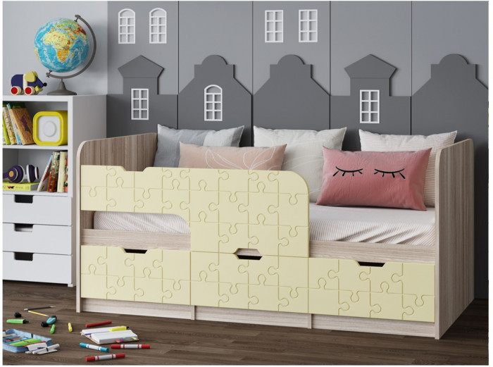 Детская кровать Юниор-9, 80х160 (Белый глянец, Ясень шимо светлый)