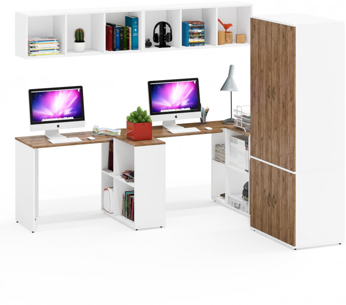 Лидер-8 Стол + Полка + Стол + Полка + Шкаф МД 19Б + Тумба МД 3.19, цвет белый шагрень/крафт золото, 450х50х75/190 или 230х200/50х75/190, НЕ ун. сб.