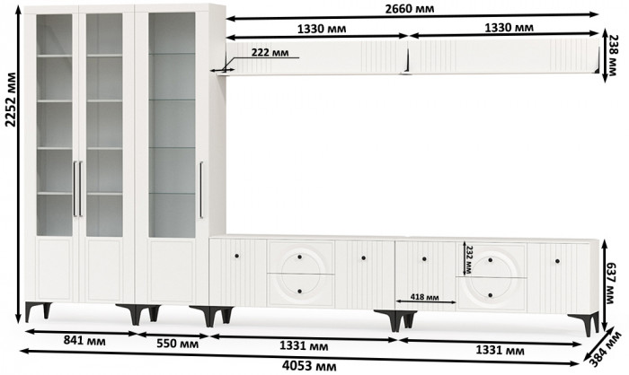 Валенсия Гостиная № 086, цвет ЛДСП белый шагрень/МДФ белый шагрень, ШхГхВ 405,3х38,3х225,2 см., универсальная сборка