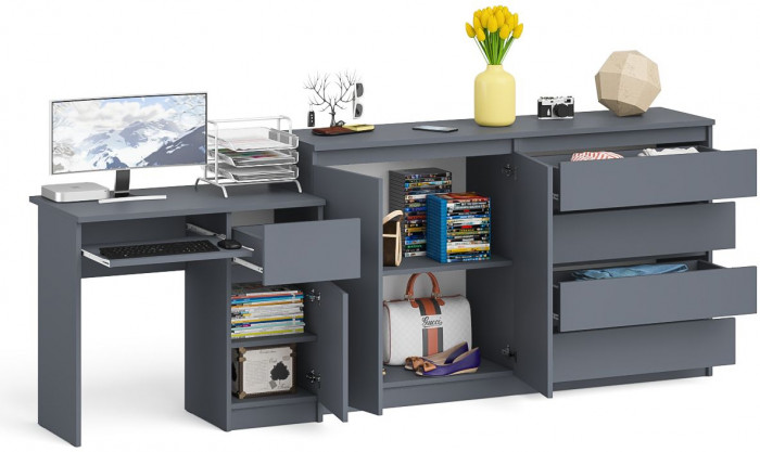 Мори Стол компьютерный МС-1 правый + Комод МК1600.1, цвет графит, ШхГхВ 250,4х50х94 см., выдвижной ящик справа, НЕ универсальная сборка