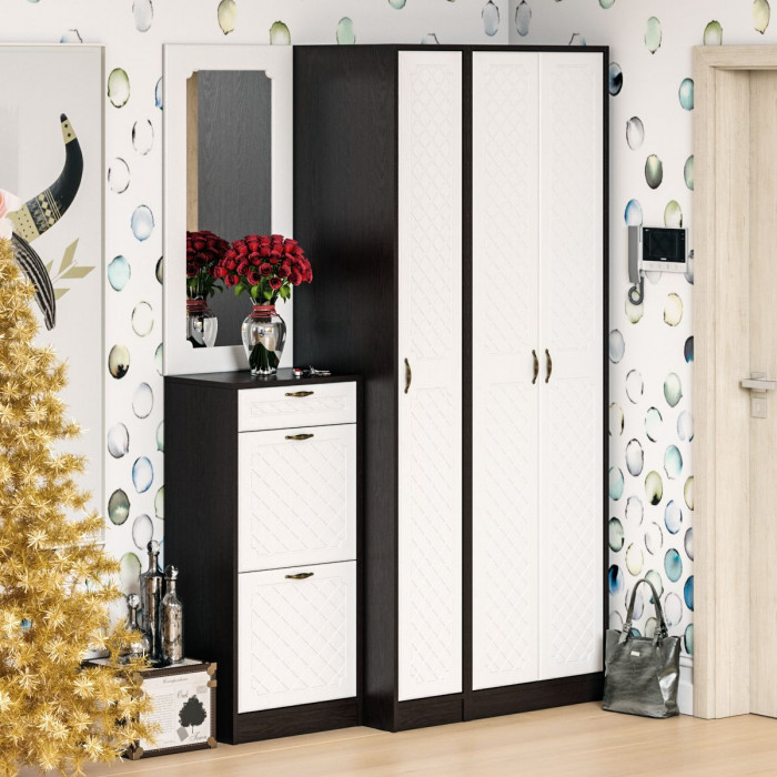 Прихожая П-6 Компоновка № 49, цвет венге/фасады МДФ белое дерево фрезеровка ромб, ШхГхВ 140х50х210 см., универсальная сборка