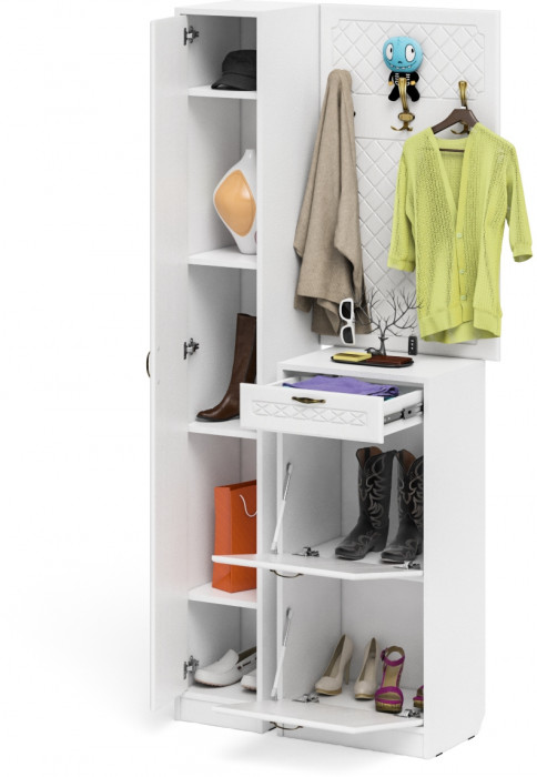 Прихожая П-6 Компоновка № 24, белая шагрень/фасады МДФ белое дерево фрезеровка ромб