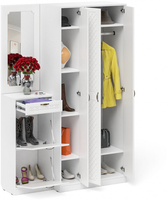 Прихожая П-6 Компоновка № 49, белая шагрень/фасады МДФ белое дерево фрезеровка ромб