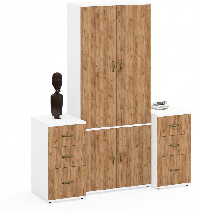 Лидер-8 Шкаф МД 20Б + Тумба МД 3.16 + Тумба МД 3.16, цвет белый шагрень/крафт золото, ШхГхВ 160х50х190 см., НЕ универсальная сборка