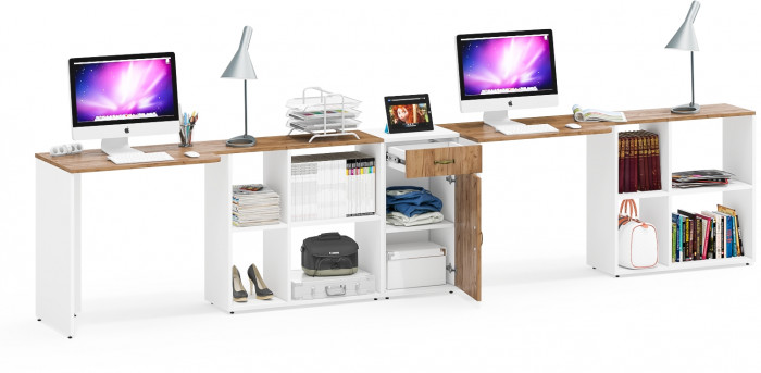 Лидер-8 Стол + Стол + Тумба МД 3.15, цвет белый шагрень/крафт золото, ШхГхВ 370х50/30х75 см. или 230х50/120х75 см., НЕ универсальная сборка