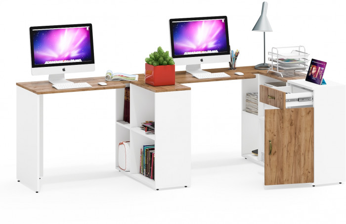 Лидер-8 Стол + Стол + Тумба МД 3.15, цвет белый шагрень/крафт золото, ШхГхВ 370х50/30х75 см. или 230х50/120х75 см., НЕ универсальная сборка