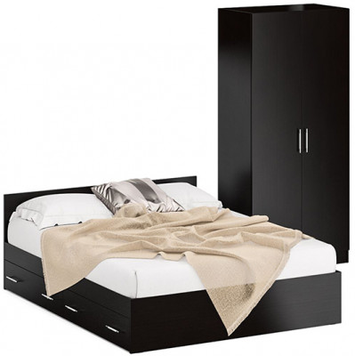 Кровать с ящиками 1600 + Шкаф 2-х створчатый Стандарт, цвет венге, ШхГхВ 163,5х203,5х70 + 90х52х200 см., сп.м. 1600х2000 мм., б/м, основание есть