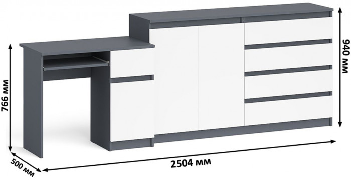 Мори Стол компьютерный МС-1 правый + Комод МК1600.1, цвет графит/белый, ШхГхВ 250,4х50х94 см., выдвижной ящик справа, НЕ универсальная сборка