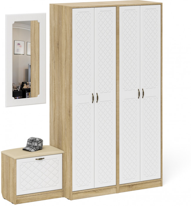 Прихожая П-6 Компоновка № 08, цвет дуб сонома/фасады МДФ белое дерево фрезеровка ромб, ШхГхВ 180х50х210 см., универсальная сборка