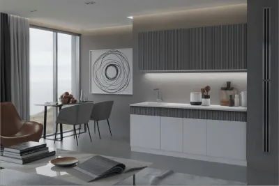 Кухня МДФ Оливия 2000 Белый снег софт / Графит софт/Антарес