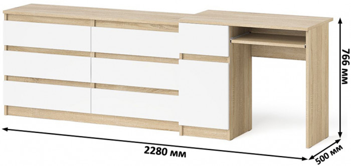 Мори Стол компьютерный МС-1 левый + Комод МК1380.6, цвет дуб сонома/белый, ШхГхВ 228х50х76,6 см., выдвижной ящик слева, НЕ универсальная сборка