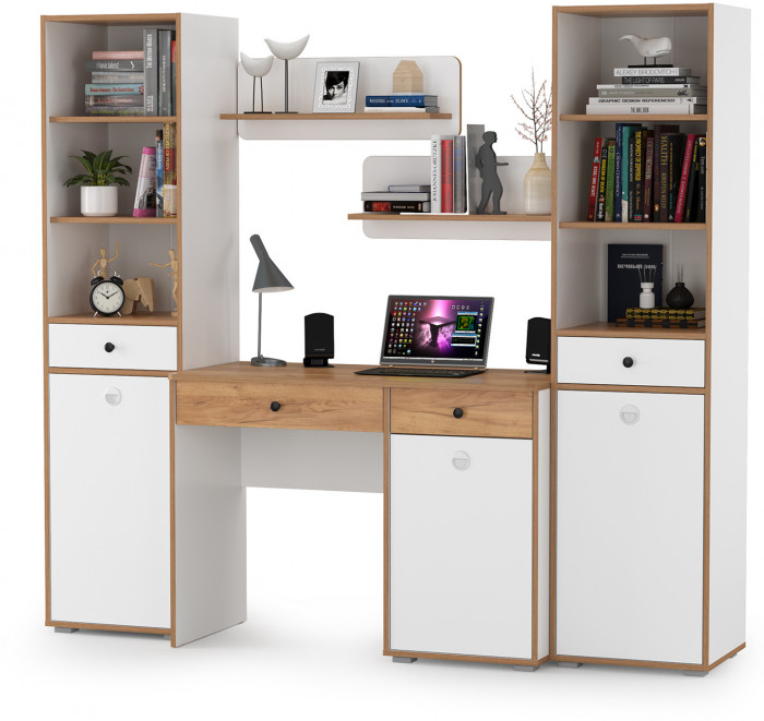 Вуди Компоновка № 09, цвет белый премиум/дуб крафт золотой, ШхГхВ 200х52,7х180,3 см., универсальная сборка