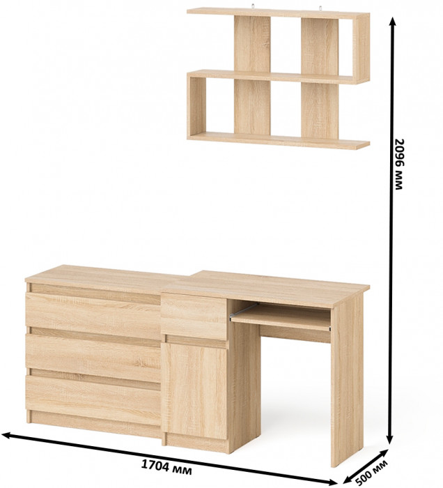 Мори Стол компьютерный МС-1 левый + Комод МК800.1 + Полка 900, цвет дуб сонома, ШхГхВ 170,4х50х209,6 см., НЕ универсальная сборка