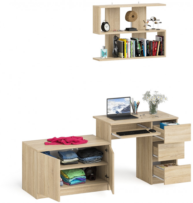 Мори Стол компьютерный МС-6 правый + Тумба МА900.1 + Полка 900, цвет дуб сонома, ШхГхВ 180,4х50,4х209,6 см., НЕ универсальная сборка