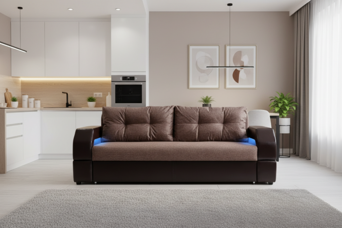 Диван-еврокнижка Манчестер, пружинный блок, 150х195,  рогожка/экокожа коричневый