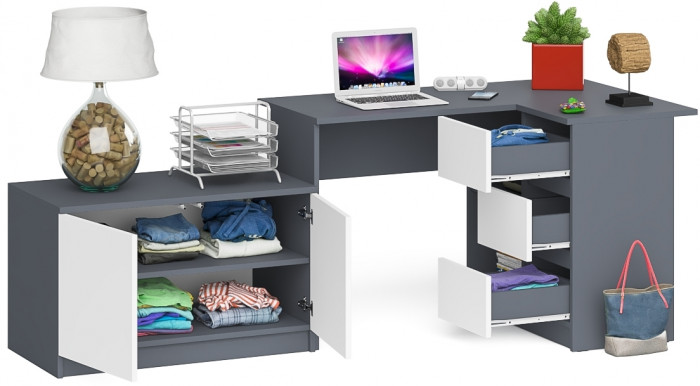 Мори компьютерный стол МС-16 правый + Тумба МА900.1, графит/белый