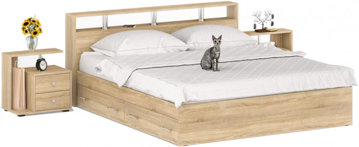 Камелия Кровать с ящиками 1800 + две тумбы, цвет дуб сонома, ШхГхВ 296х217х78,2 см., сп.м. 1800х2000 мм., без матраса, основание есть